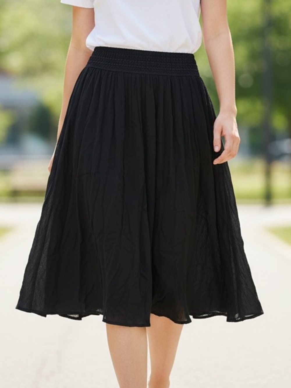 Gypsie Blu Classic Black Midi Skirt with Smocked Waist. Size XL. Boho